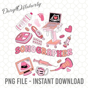 Puede incluir: Ilustración rosa y naranja de las herramientas de un sonógrafo, que incluyen una máquina de ultrasonido, una jeringa, una botella de gel, una prueba de embarazo y un monitor de latidos fetales. El texto "SONOGRAPHER" está escrito en letras rosa y naranja.