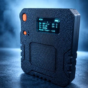 May include: A black, textured, rectangular electronic device featuring two orange circular buttons on the left side and a digital screen displaying text including MC04, FQ: 869, SF: 2, CR: 6, TX: 2268m, and Noise floor: -116, with a battery icon in the corner.