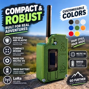 May include: A green, rectangular, 3D-printed electronic enclosure featuring a black antenna, a central display screen, and engraved graphics of a historical figure and a ship. The device is labeled CABRAL and is compatible with Heltec V4 boards.