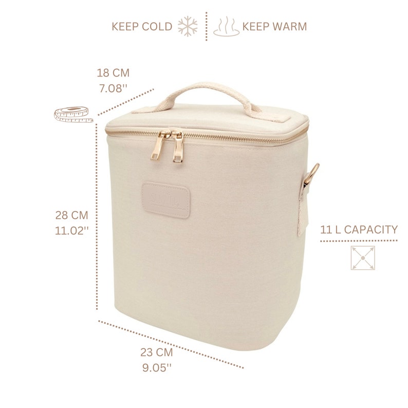 May include: A beige insulated lunch bag with a zipper closure and a top handle. It has a shoulder strap and measures 11.02 inches tall, 9.05 inches wide, and 7.08 inches deep. It has a capacity of 11 liters.