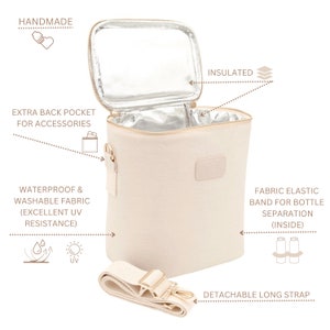 May include: Beige insulated lunch bag with a detachable long strap, a zipper closure, and an extra back pocket for accessories. The bag is waterproof and washable, and has a fabric elastic band for bottle separation inside.