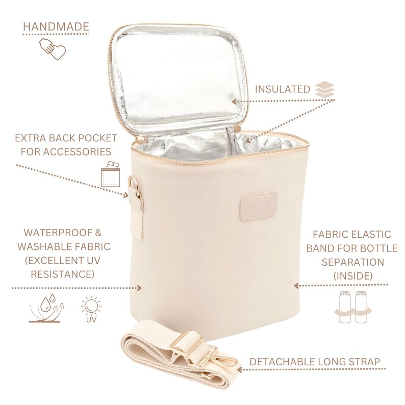 May include: Beige insulated lunch bag with a detachable long strap, a zipper closure, and an extra back pocket for accessories. The bag is waterproof and washable, and has a fabric elastic band for bottle separation inside.