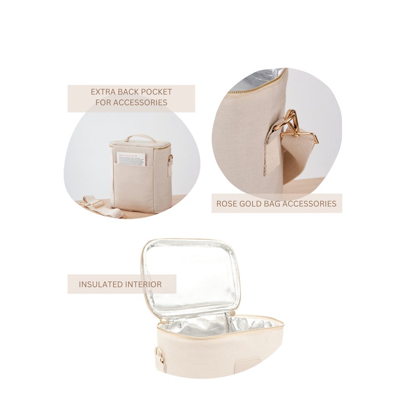 May include: A beige insulated lunch bag with a zipper closure and a rose gold zipper pull. The bag has an extra back pocket for accessories and an insulated interior. The bag has a shoulder strap with rose gold hardware.