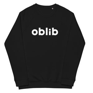 May include: Black sweatshirt with a white "oblib" logo printed on the front.