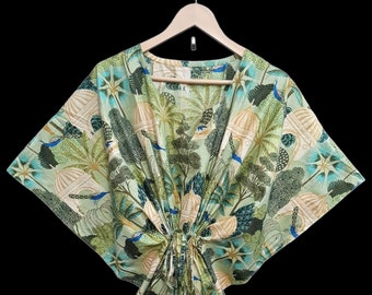 Handmade Green  Colour Cotton Fabric Bird Print Kaftan For Girls And Women  Gift For Her  Daily Wear Use
