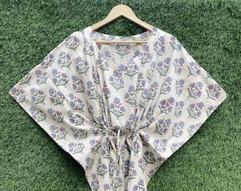 Hand Block Print Cotton Kaftan: Floral Hippie Maxi Dress