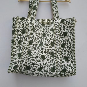 Grün Floral Block Gedruckt Gesteppte Einkaufstasche, Indische Handgefertigte Schultertasche Alltag Einkaufen Tragen Handtasche Floral Print Quilting Tasche