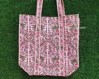 Floral Print Quilted Cotton Tote Bag: Jaipuri Block Print