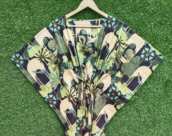 Hand Block Print Cotton Kaftan: Jungle Print Beach Cover-Up