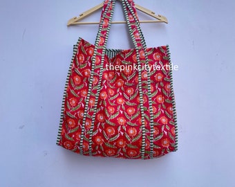 Handmade Block Print Cotton Tote Bag: Quilted Floral Shoulder Bag