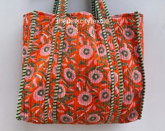 Indian Floral Cotton Tote Bag: Handmade Quilted Hand Block Print Tote Bag - Quilted Organic Cotton Women Shoulder Bag Gift For Her/
