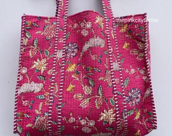 Handmade Indian Block Print Tote Bag: Quilted Cotton Floral Shoulder Bag