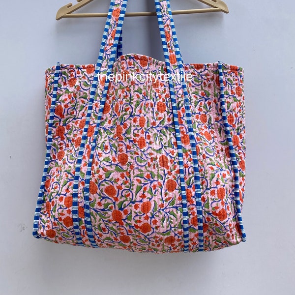 Cotton Block Print Tote Bag - Small| Handcrafted Eco-Friendly Indian Artisan Bag, Yellow blue Print