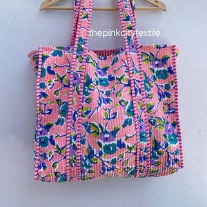 インド綿トートバッグ ブロックプリントコットンバッグ、トートバッグ キャリーバッグ、花柄プリントバッグ、キルティングバッグ、ショッピングバッグ、バッグと財布、マーケットバッグ