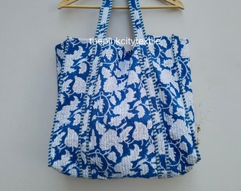 Floral Block Print Cotton Tote Bag: Reversible Quilted Shoulder Bag