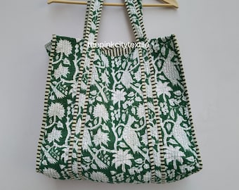Green Bird Floral Quilted Cotton Tote Bag: Hand Block Print