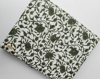 Green Floral Block Print Cotton Fabric: Indian Dress Making, Quilting