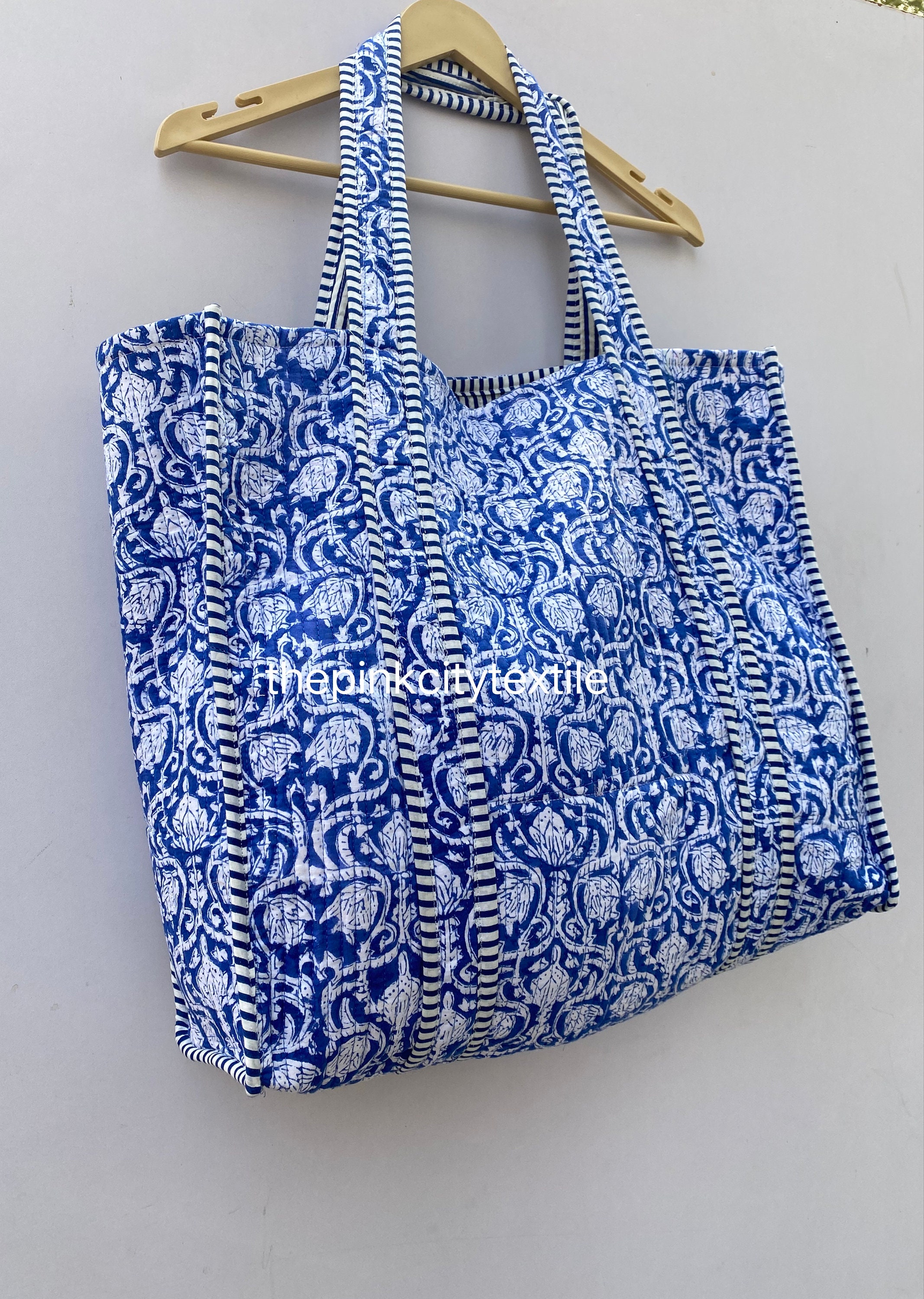 White - Handcrafted Quilted Sanganeri Block Printed Fabric Tote Bag by Chhoti Si Asha 143