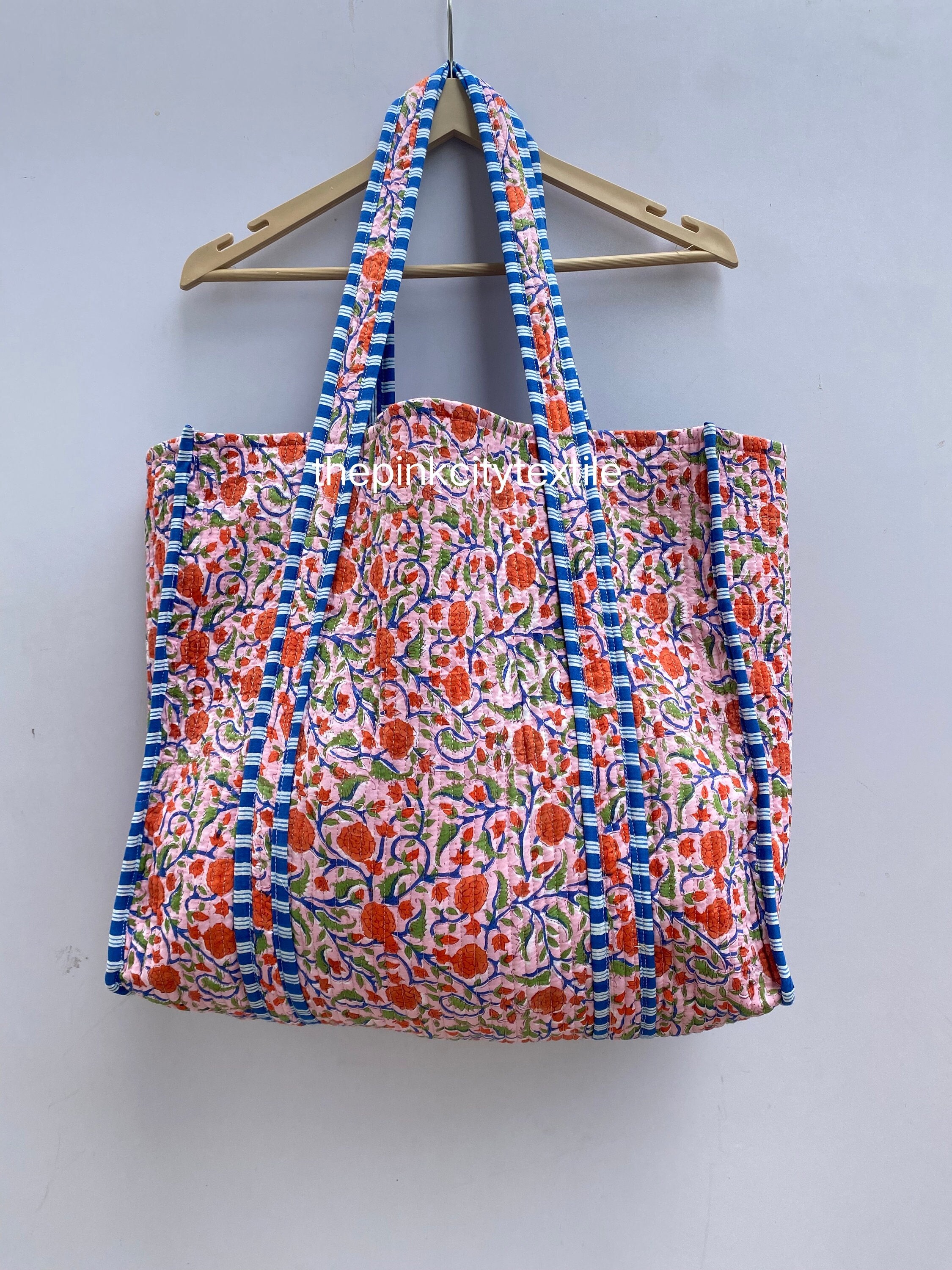Handmade Indian Block Print Cotton Tote Bag: Quilted Shopper 