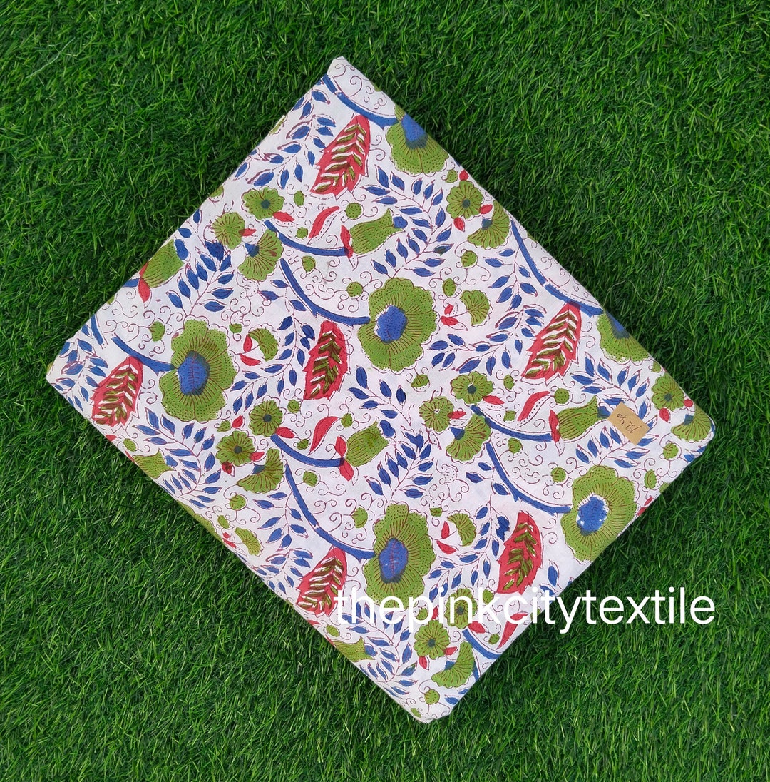 Green Floral Block Print Cotton Fabric: Indian Dressmaking Fabric by ...