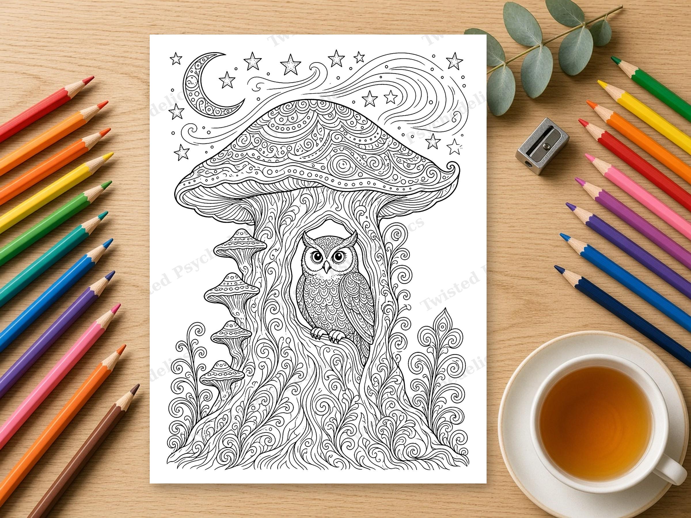 Mushroom Owl Coloring Page, Printable Adult Colouring Sheet, Whimsical Cottagecore Fantasy Forest Ar
