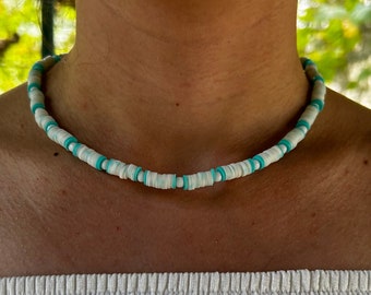 White Blue Heishi Necklace / Summer Surfer Choker / Colorful Collier