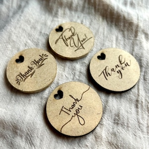 Etichette di ringraziamento in legno tagliate al laser, decorazioni rustiche per bomboniere