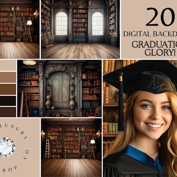 Toile de fond de graduation numérique, Arrière-plans de bibliothèque, Diplômé de Dark Academia, Décors numériques, Superpositions de canapé Photoshop, Classe de 2023