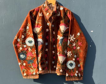 Suzani Velvet Embroidered Jacket: Indian Boho Cotton Coat