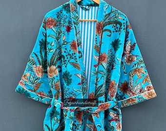 Floral Printed Cotton Velvet Kimono Robe: Boho Beach Cover-Up