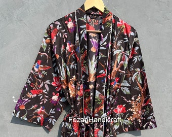 Birds of Paradise Cotton Kimono Robe: Boho Floral Dressing Gown