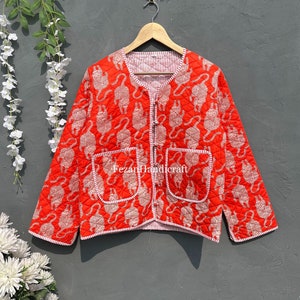 Handmade Cotton Quilted Jacket: Tiger Print Kimono, Boho Style