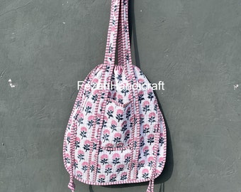 Cotton Pink Butti String Quilted Duffle Tote Bags, Block Print Shoulder Bags, Eco friendly Sustainable bag, Handmade Carry Bags,