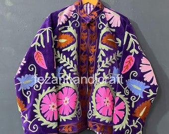 Suzani Velvet Jacket, Uzbek Floral Embroidered Boho Coat