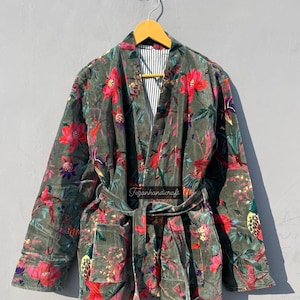 Luxury Cotton Velvet Bird Print Jacket Coat Indian Style Handmade Jacket Bridesmaid Gift For Women Party Wear Coat Jacket with belt