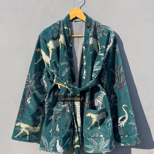 Luxury Cotton Jungle Safari Print Velvet Jacket Coat Indian Style Handmade Jacket Bridesmaid Gift For Women Party Wear Coat Jacket with belt