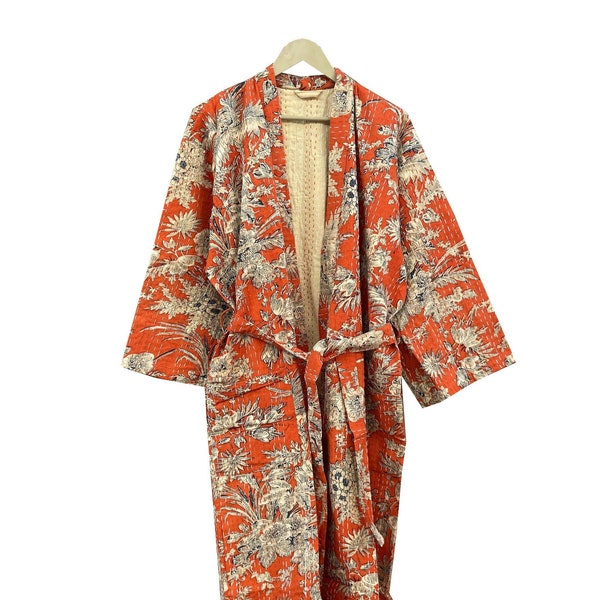 Kantha kimono Bathrobe Cotton Fabric Stitched Night Wear Dress Kimono Flower Block Print Robe Unisex Party Wear Kimono 2 Side Pocket Belt
