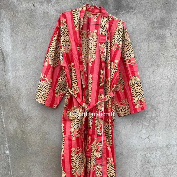 Cotton Beautiful Summer Robe Indian Tiger Printed Fabric Kimono, Hand-made Screen print Kimo, Beach Cover Up, Pocket kimono Women Gift