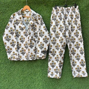 Butta Print Pyjama set Indian Night Suit Handmade Longwear Pajama set, Women Gift, Hand block Print Pjs Shirt Pant  Strip Piping Pjs,