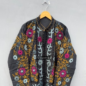 Handmade Suzani Embroidered Cotton Jacket: Quilted Boho Coat