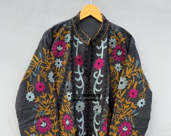 Handmade Suzani Embroidered Cotton Jacket: Quilted Boho Coat
