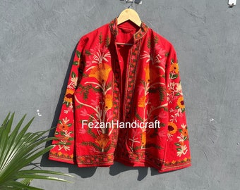 Veste indienne brodée Suzani 100 % coton, manteau brodé floral fait main pour femme, veste bohème Suzani en coton,