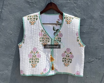 Cotton Block Print Quilted Vest: Reversible Boho Jacket