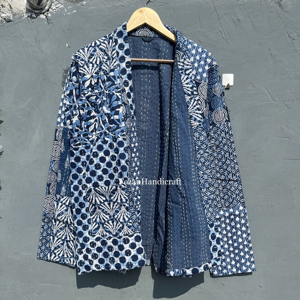 handmade Cotton Jacket, Patchwork Print Indigo Blue Floral Print Kantha Jacket, Indian Style Quilted Jacket, Unisex Kantha Coat, CKJ-6