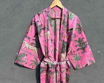 Cotton Kimono Robe: Pink Safari Animal Print, Block Printed Beach Coverup