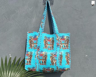 Bolsa tote de algodão acolchoado com estampa de tigre: sacola de compras feita à mão