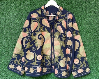 Manteau veste Suzani en coton brodé pour femme, kimono court en coton bohème, veste brodée, veste à fleurs, peignoir, cadeau pour elle