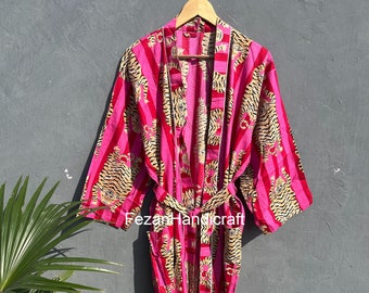 Pink Tiger Print Cotton Robe: Indian Kimono Style