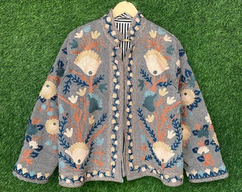 Cotton Suzani Beautiful Embroidery Jacket Coat, Womens Suzani Short Jacket, Quilted Jacket, Suzani Indian Style Embroidery Coat