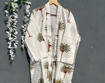 Palm Tree Print Cotton Kimono Robe: Hand Block Indian Dressing Gown